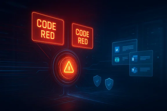 Neon cyber warning screens show “CODE RED” with an alert icon and glowing server UI on a blue circuit background.