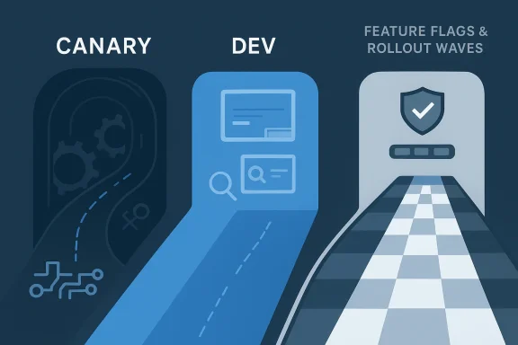 Illustration of Canary, Dev, and Feature flags rollout waves across a futuristic road.