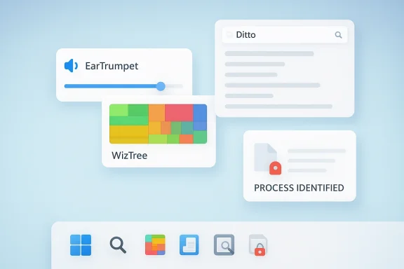 Flat UI graphic showing a search and file interface with apps “EarTrumpet,” “Ditto,” “WizTree,” and “Process identified.”