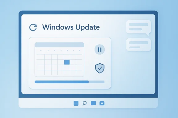 Illustrated Windows Update screen with a progress bar and security/status icons on a laptop display.