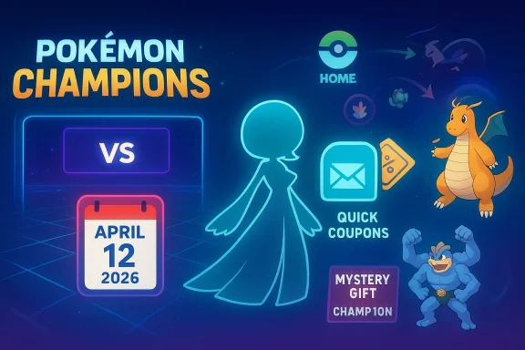 Pokémon Champions promo with date “April 12, 2026”, VS screen, and Charizard and Lucario characters.