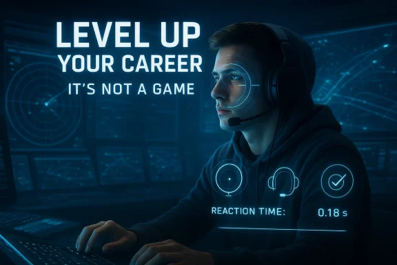 Blue cyber-themed gamer at a desk with headset, neon UI text “LEVEL UP YOUR CAREER” and “IT’S NOT A GAME.”