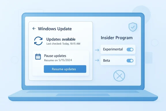 Illustration of a laptop showing Windows Update settings with insider program options.