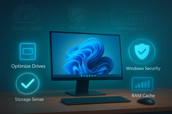 Blue-themed Windows performance and security icons surround a desktop computer.