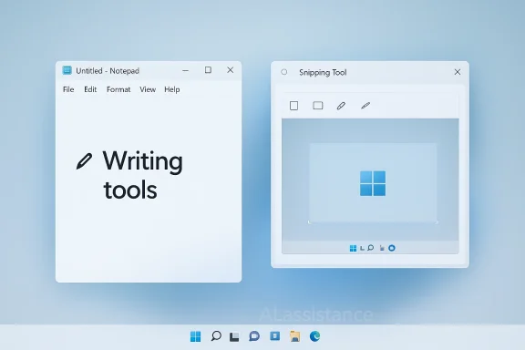 Windows Notepad and Snipping Tool open side by side on a blue desktop background.