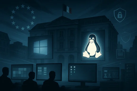 Two people in a dark operations room monitor screens with a bright Linux penguin logo.