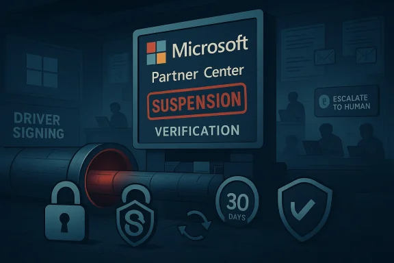 Microsoft Partner Center screen shows “Suspension” with driver signing verification icons and security locks.