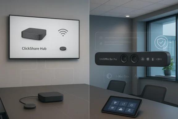 Modern office conference setup with wireless ClickShare Hub and IntelliMix Bar Pro on meeting devices.