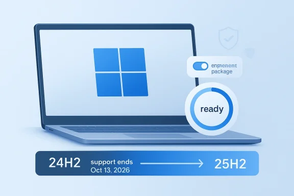 Blue laptop screen showing an “en…ment package” prompt and a “ready” status with a 24H2–25H2 timeline.