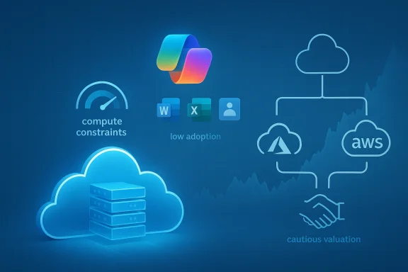 Abstract cloud-computing concept with Microsoft apps, AWS, and icons on a blue background.