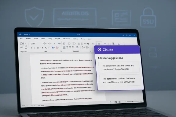 Laptop displaying a Word document with a Claude “Clause Suggestions” panel.