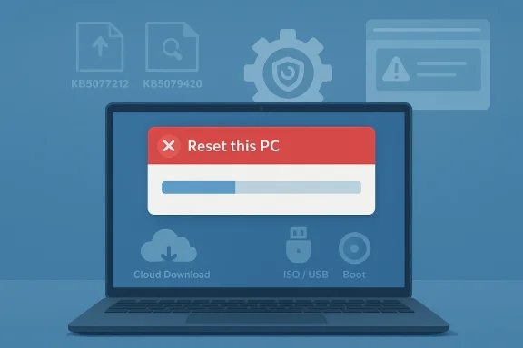 Laptop screen shows “Reset this PC” with a warning icon, surrounded by boot and download options.