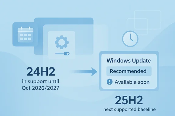 Windows update graphic shows 24H2 supported until Oct 2026/2027 and 25H2 next supported baseline.