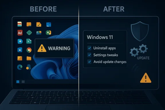 Split-screen shows Windows 11 before and after, with a warning icon and update settings checklist.