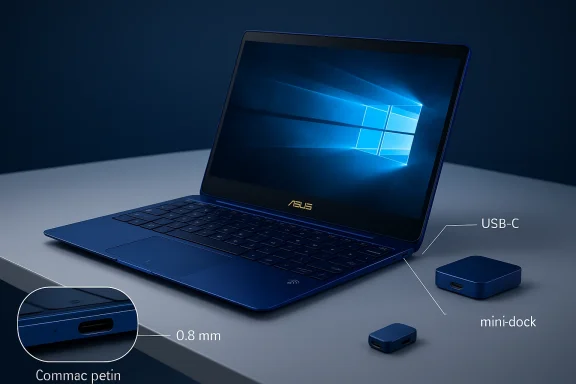 A blue ASUS laptop shows Windows on screen connected to a mini USB-C dock.