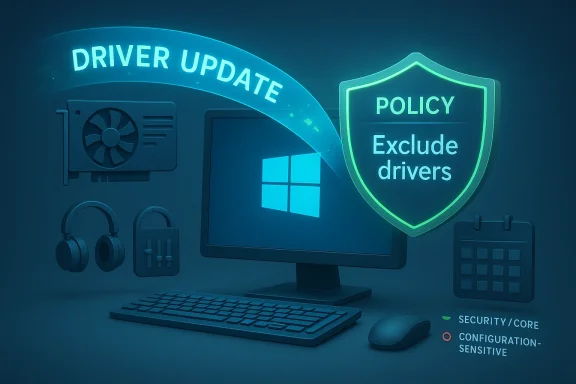 Digital cybersecurity scene with “DRIVER UPDATE” and a “POLICY: Exclude drivers” shield.