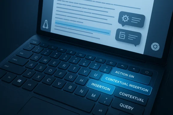 Close-up of a laptop keyboard with illuminated AI suggestion keys on a screen.