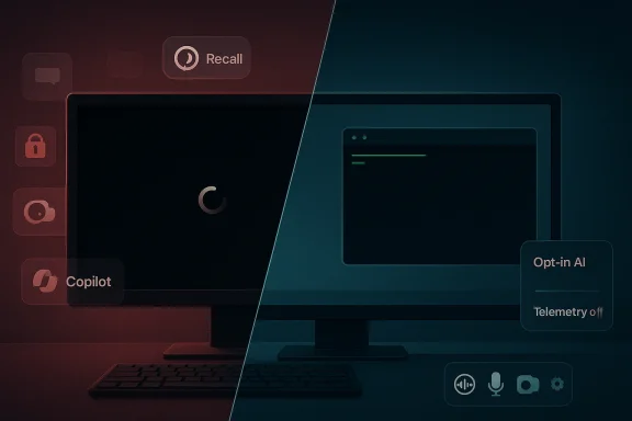 Split-screen AI interface with “Recall” and “Opt-in AI / Telemetry off” prompts over a dark computer setup.