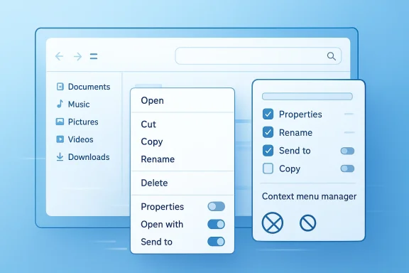 Blue desktop mockup showing file context menu options like Open, Cut, Rename, and Properties.