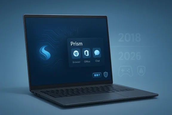A sleek laptop displays a “Prism” app interface with icons against a blue tech background.