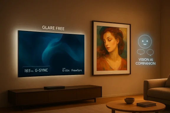 Living room display with wall TVs showing “GLARE FREE” and “VISION AI COMPANION” on a couch scene.