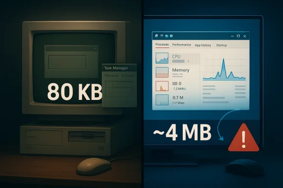 Split image shows task manager alerts with CPU/memory stats and “80 KB” vs “~4 MB” on a desktop monitor.