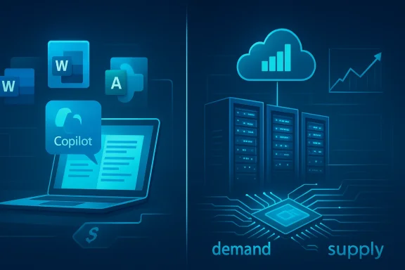 Neon cloud and servers illustrate cloud computing with demand and supply analytics alongside Office icons.
