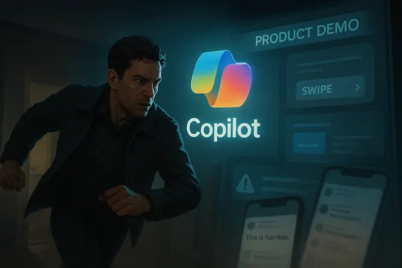 A tense man crouches in front of a glowing “Copilot” product demo screen with “Swipe” prompts.