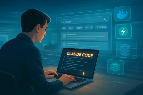 A programmer at a laptop uses AI-like “Claude Code” with a search dashboard of categories in the background.