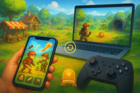 Hand holding a smartphone shows a game while a laptop and handheld controller display the same fantasy scene.