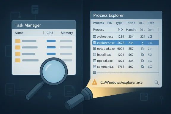 Illustration of Task Manager and Process Explorer showing running Windows processes under a magnifying glass.