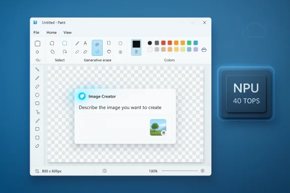 A Windows Paint app window with an “Image Creator” prompt and “NPU 40 TOPS” badge on a blue desktop.