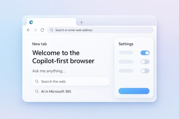 Screenshot of a web browser welcome page for the “Copilot-first” experience with settings panel on the right.