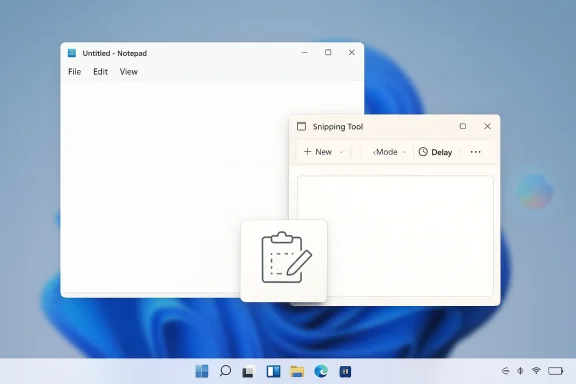 Snipping Tool window appears over Notepad on a Windows desktop background.
