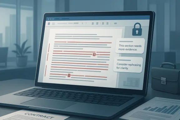 A laptop screen shows a web editor with notes and a lock icon, suggesting document review and security.