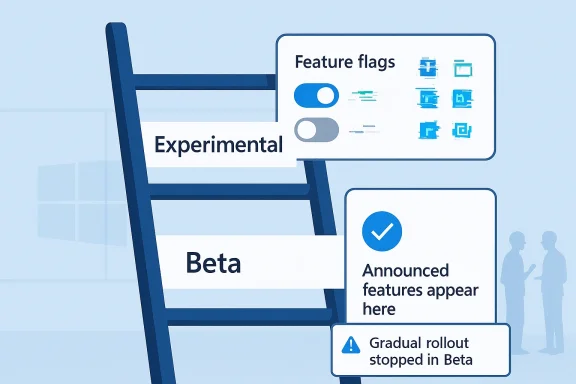 Graphic showing feature flags rollout: Experimental/Beta, with “Announced features appear here” and a beta warning.