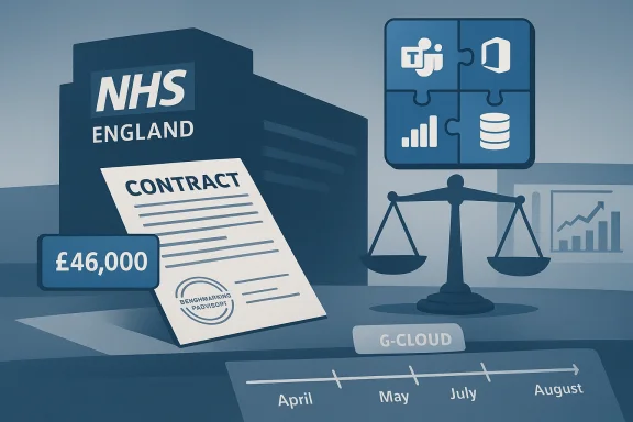 Abstract illustration of an NHS England contract document with G-Cloud, balancing scales, and UK budget £46,000.