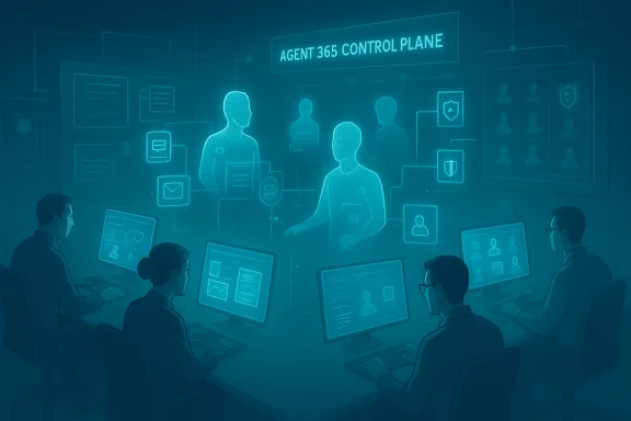 Office team views “AGENT 365 CONTROL PLANE” on multiple screens with glowing agent icons.