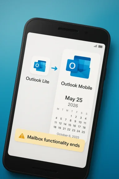 Black smartphone screen shows Outlook Lite vs Outlook Mobile with a Mailbox functionality warning on blue background.