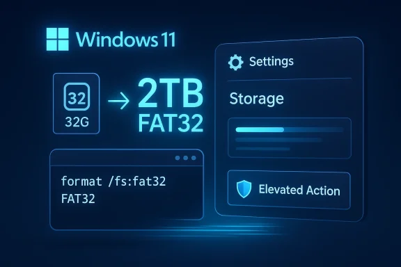 Windows 11 storage settings graphic showing formatting to FAT32 (32GB to 2TB).
