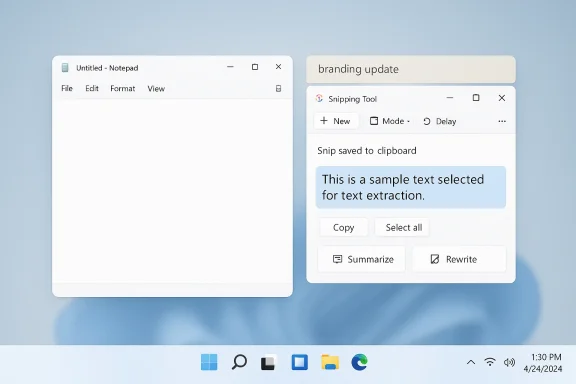 Desktop screenshot showing Notepad and Snipping Tool with sample text selected for extraction.