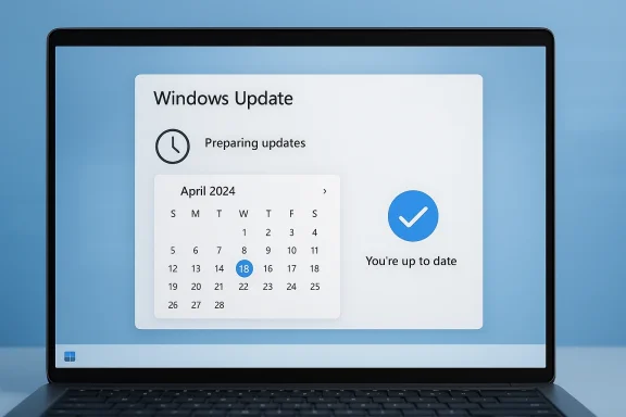Laptop screen showing Windows Update “Preparing updates” with a April 2024 calendar and “You’re up to date.”