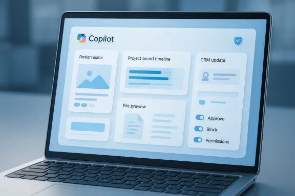 Laptop screen shows Microsoft Copilot dashboard with design editor, project timeline, and CRM update panels.
