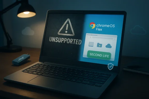 Laptop screen shows an “unsupported” warning for ChromeOS Flex second life, with a security shield icon.