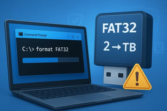 Laptop shows Command Prompt formatting FAT32 while a FAT32 storage warning alert appears.