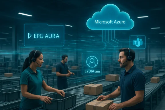 Customer support agents coordinate in a futuristic warehouse with Microsoft Azure cloud and voice prompts.