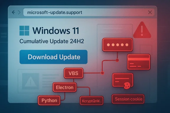 Screenshot showing a “microsoft-update.support” page offering a Windows 11 cumulative update download.