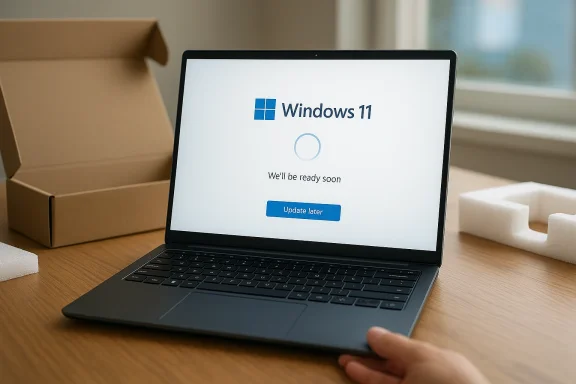Laptop screen shows Windows 11 update “We’ll be ready soon” on a desk with shipping boxes nearby.
