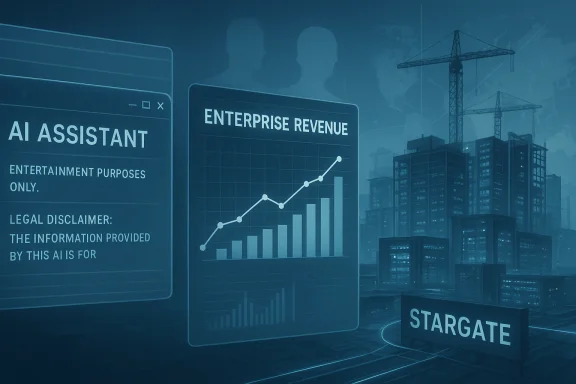Blue digital dashboard shows “Enterprise Revenue” with graphs and “AI Assistant” text over a city skyline.