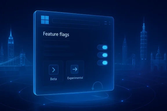 Futuristic Windows-style UI screen labeled “Feature flags” with toggle switches and an urban skyline backdrop.